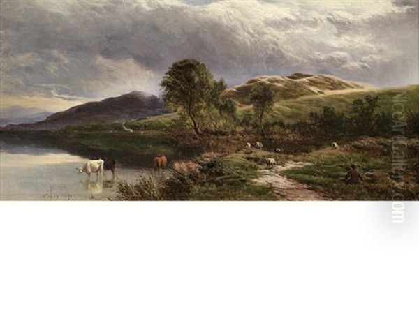 Landscape With Herdsmen And Cattle Oil Painting by Sidney Richard Percy