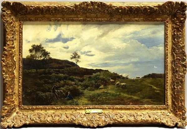 Englische Landschaft Mit Schafern Und Ihrer Herde Auf Anhohe Oil Painting by Sidney Richard Percy