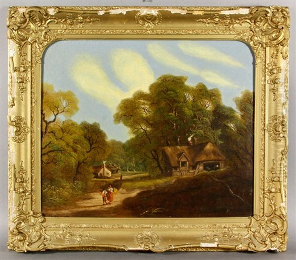 Thatched Village Landscape Oil Painting by Sidney Richard Percy