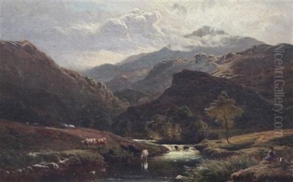 Figures And Cattle In River Landscapes (pair) Oil Painting by Sidney Richard Percy