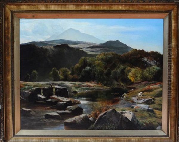 River Landscape In Wales With Cattle And Figures By An Old Stone Bridge Oil Painting by Sidney Richard Percy