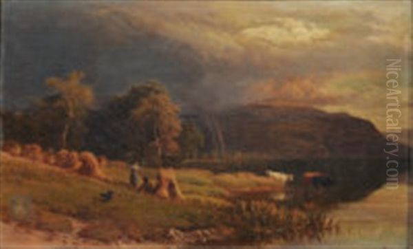 A Loch Landscape With Cattle And Figures Oil Painting by Sidney Richard Percy