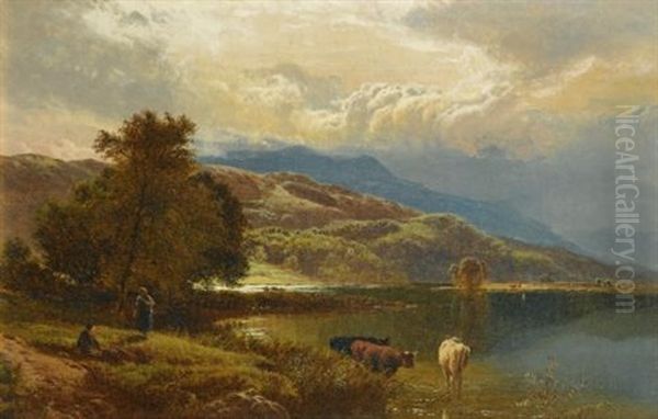 The Glastyn Near Beddgelert, North Wales (+ Mountainous Lake Scene With Figures And Cattle; 2 Works) Oil Painting by Sidney Richard Percy