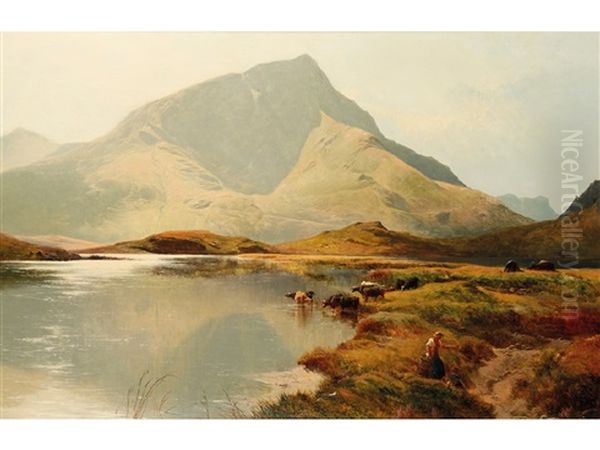 Cattle Watering At A Lake With Figures In The Foreground And A Mountain Beyond Oil Painting by Sidney Richard Percy