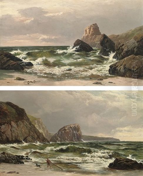 Waves Crashing On The Coast At Dusk (+ A Boy With His Dog Playing In The Surf; Pair) Oil Painting by Sidney Richard Percy