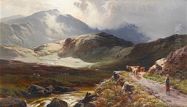 Highland Scene With Cattle And Drover (+ Lake Scene With Cattle And Drover; Pair) Oil Painting by Sidney Richard Percy