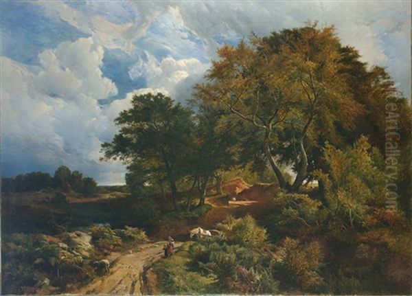 Barnes Common With Figures And A Horse And Cart On A Bridge Oil Painting by Sidney Richard Percy