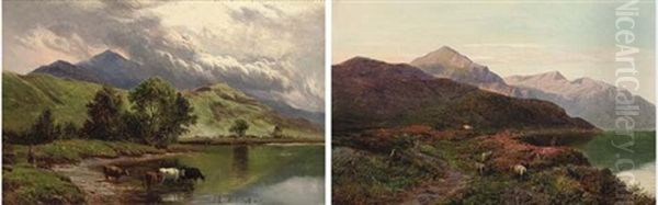 Angling At Sunset, Llyn Orthill, North Wales (+ Cattle Watering, Llyn Orthill, North Wales; 2 Works) Oil Painting by Sidney Richard Percy