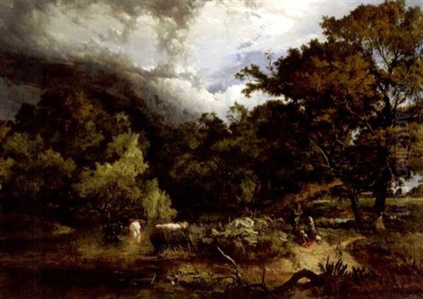 A Pastoral Landscape With Cattle Watering And Figures With A Fishing Rod And Their Catch In The Foreground Under A Threatening Sky Oil Painting by Sidney Richard Percy