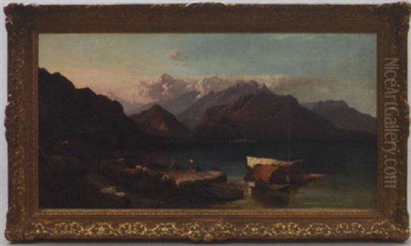 Highland Loch With Shepherds, Maidens And Cattle Oil Painting by Sidney Richard Percy