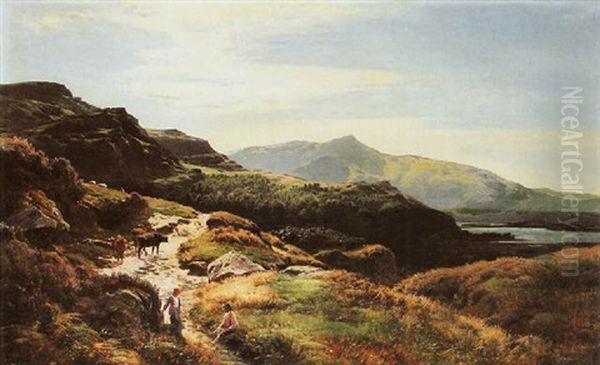 Figures And Cattle On A Country Path, A Mountainous Landscape Beyond Oil Painting by Sidney Richard Percy