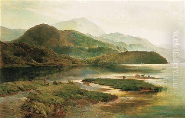 A Mountainous Landscape With Cattle Watering Oil Painting by Sidney Richard Percy