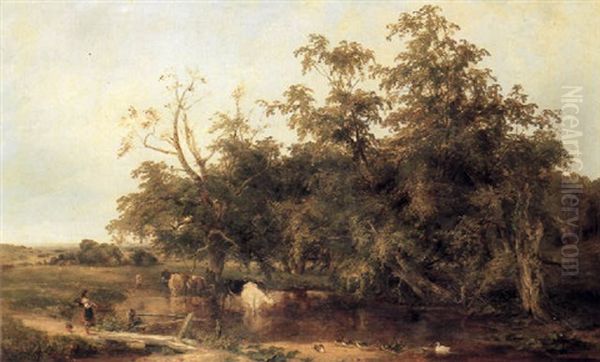 Extensive Landscape With Cattle Watering, A Young Girl And Ducks In The Foreground Oil Painting by Sidney Richard Percy