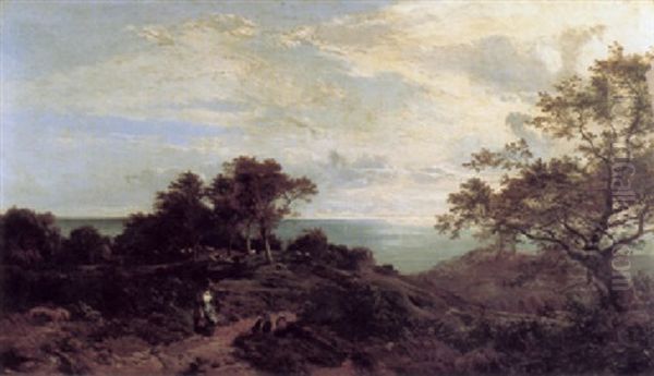 A Shepherdess With Two Shepherd Boys In A Hilly Landscape With A Sea Behind Oil Painting by Sidney Richard Percy