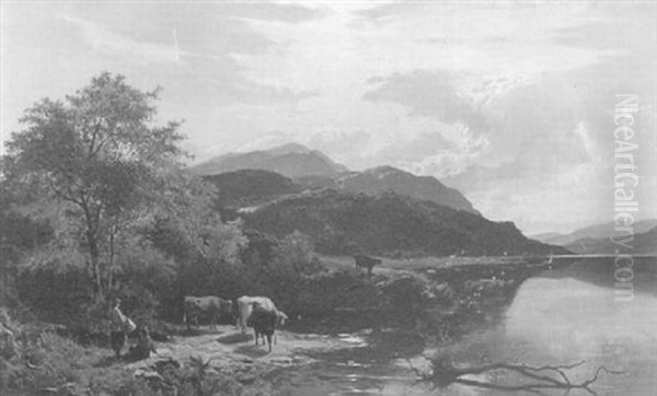 River Landscape With Figures On Shore And Cattle Watering Oil Painting by Sidney Richard Percy