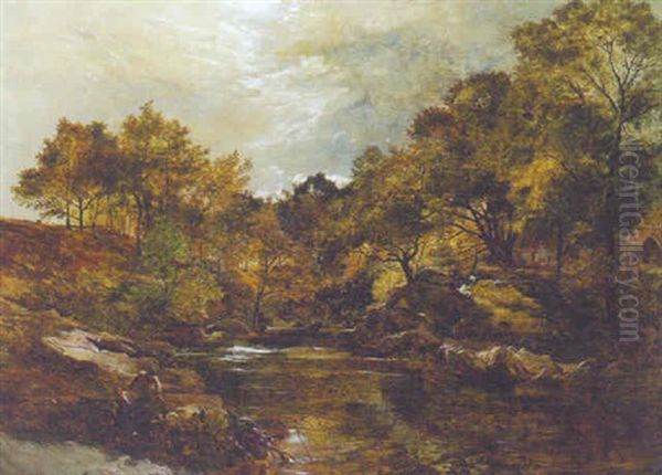 Figures In A Wooded River Landscape, A Cottage Beyond Oil Painting by Sidney Richard Percy