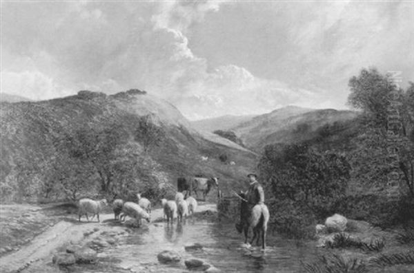 Sheep And Cattle With Their Herder Resting At A Stream, Capel Curig, North Wales Oil Painting by Sidney Richard Percy