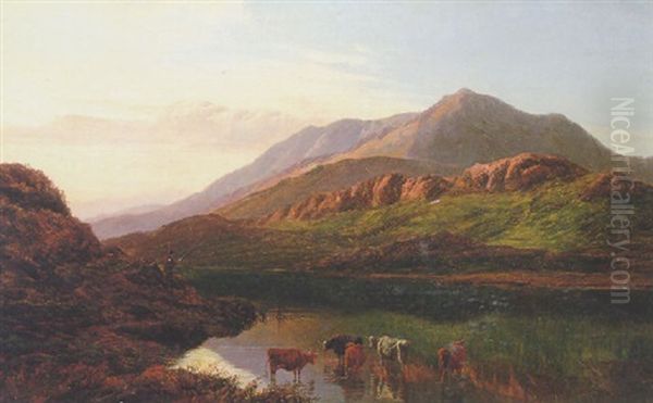 Cattle At The Edge Of A Loch Oil Painting by Sidney Richard Percy