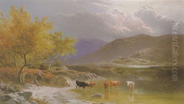 Cattle Watering By A Loch Oil Painting by Sidney Richard Percy