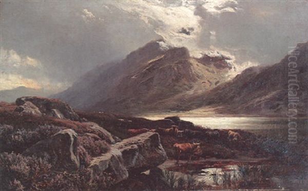 Cattle Watering In The Highlands Oil Painting by Sidney Richard Percy