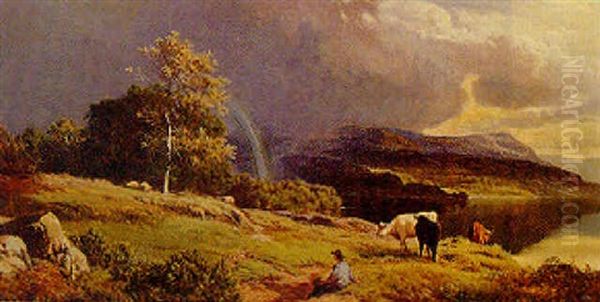 A Drover And Cattle In A Mountainous Lake Landscape by Sidney Richard Percy