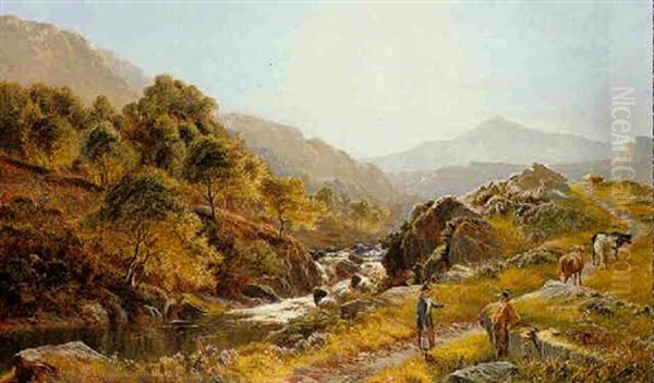 Figures With Cattle By A Mountainous Stream Oil Painting by Sidney Richard Percy