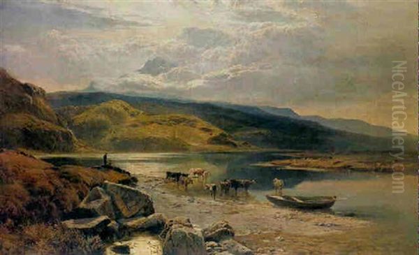 Cattle Watering In A Mountainous River Landscape Oil Painting by Sidney Richard Percy