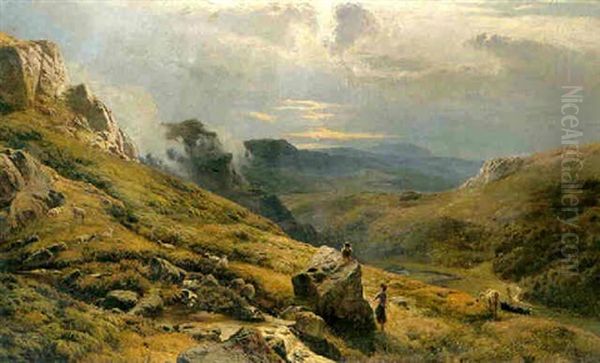 Guarding The Flocks In A Mountainous Landscape Oil Painting by Sidney Richard Percy