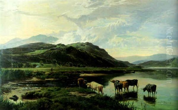 Cattle Watering In Welsh Valley Oil Painting by Sidney Richard Percy