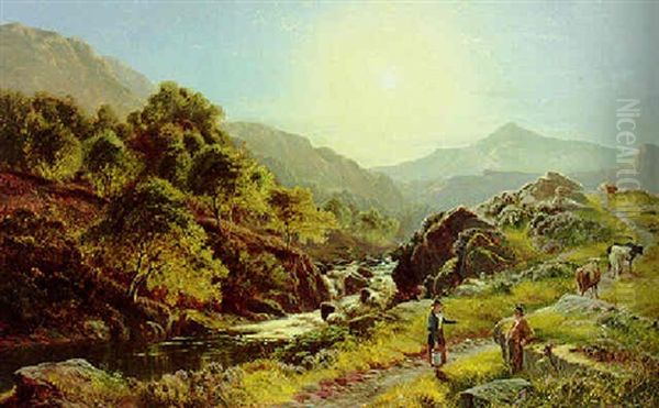 A Mountainous River Landscape With A Milkmaid And Drover Oil Painting by Sidney Richard Percy