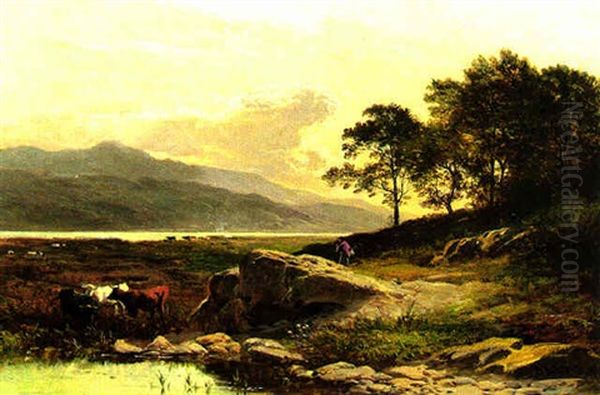 Cattle In A River Landscape Oil Painting by Sidney Richard Percy