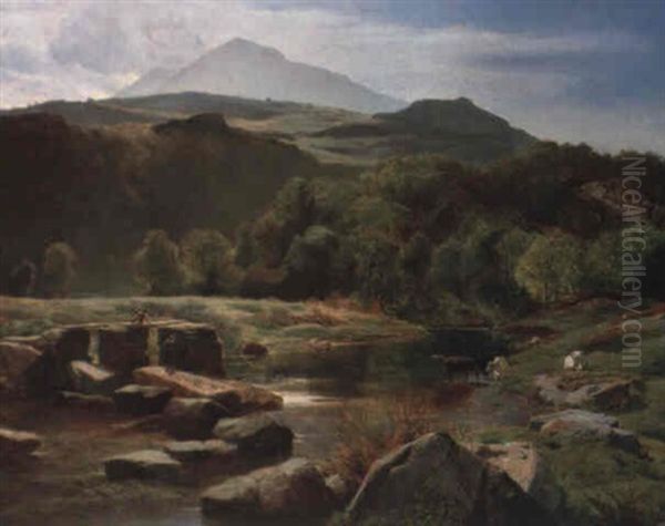 A Welsh River Valley Oil Painting by Sidney Richard Percy