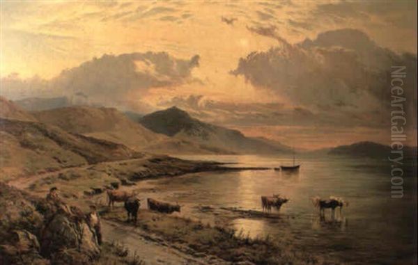 Cattle And Figures By A Loch Oil Painting by Sidney Richard Percy