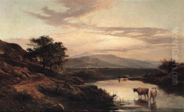 Highland Loch Landscape With Cattle Watering Oil Painting by Sidney Richard Percy