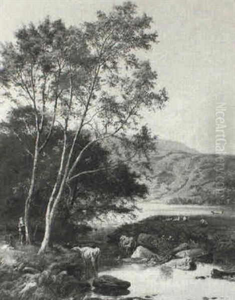 Figures And Cattle In A Lakeland Landscape, Believed To Be  Loch Tay Oil Painting by Sidney Richard Percy