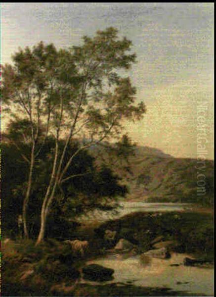 Figures And Cattle In A Lakeland Landscape, Loch Tay Oil Painting by Sidney Richard Percy