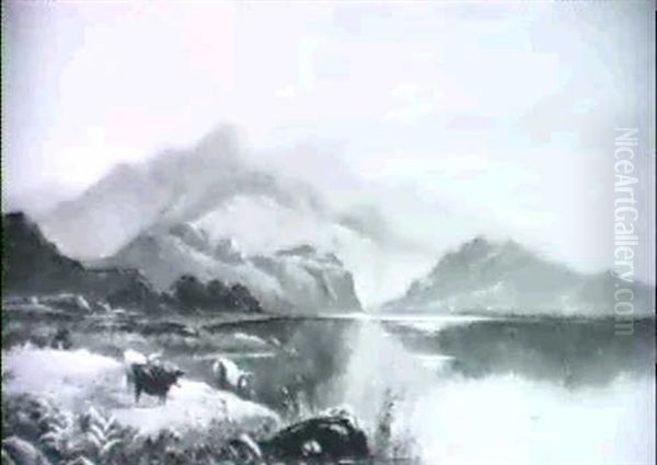 A Highland Loch Landscape With Cattle On A Bank Oil Painting by Sidney Richard Percy