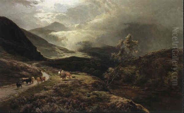 Driving Cattle Through A Mountain Pass Oil Painting by Sidney Richard Percy