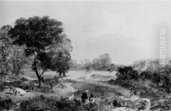 Wooded Landscape With Anglers And Cattle Oil Painting by Sidney Richard Percy