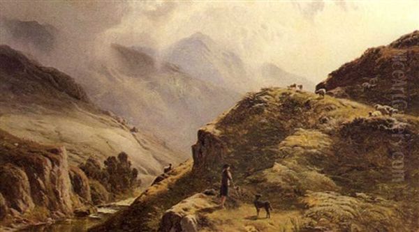 A Highland River Landscape With A Shepherd And His Dog In   The Foreground Oil Painting by Sidney Richard Percy