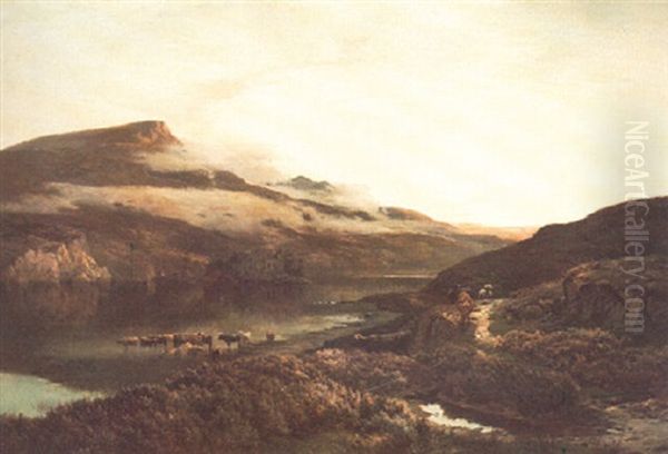 A Mountainous Highland Loch With Cattle Watering On The Banks by Sidney Richard Percy