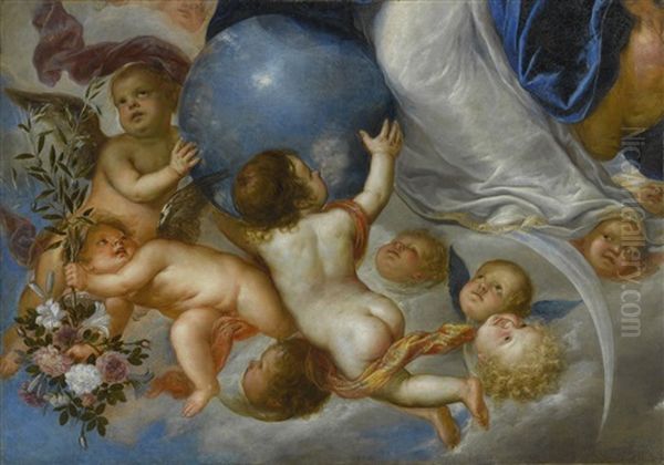 Putti Holding Flowers And An Orb Oil Painting by Antonio de Pereda y Saldago