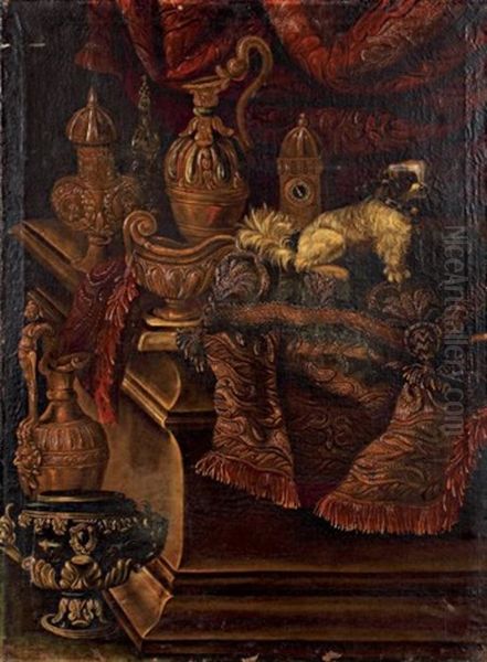 Chien Et Horloge Sur Un Entablement Avec Un Tapis Oil Painting by Antonio de Pereda y Saldago