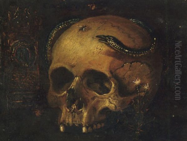 A Vanitas Still Life With A Skull, A Snake And A Clock Oil Painting by Antonio de Pereda y Saldago