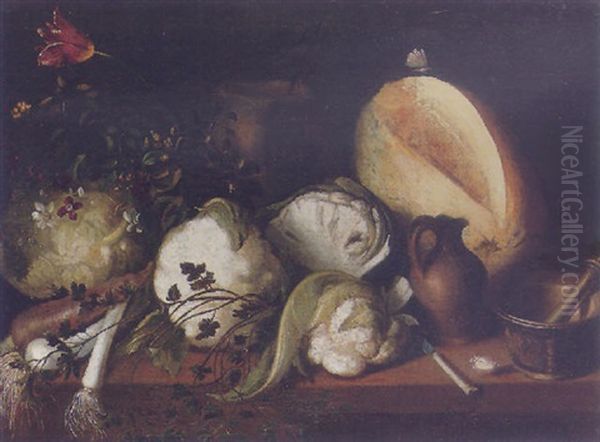 Still Life Of Cauliflower, Leeks, A Pumpkin, Garlic, Flowers, A Knife, A Stoneware Jug And Urn, With A Mortar And Pestle Upon A Table Oil Painting by Antonio de Pereda y Saldago