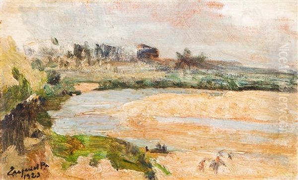 Landscape With River And Houses Oil Painting by Antonio Ezequiel Pereira