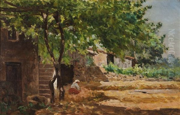 Landscape With Houses And Figure Oil Painting by Antonio Ezequiel Pereira