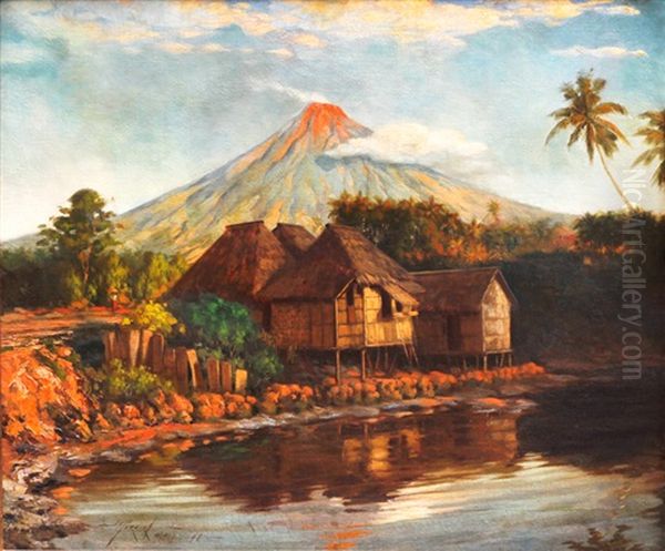 Village By Mayon Volcano Oil Painting by Jose Pereira