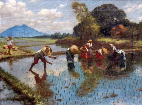 Planting Rice Oil Painting by Jose Pereira