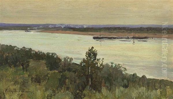 On The River Oil Painting by Vasili (Vladimir) Vasilievich Perepletchikov